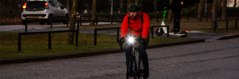 Infini Bike light in use on a bike being ridden in the dark